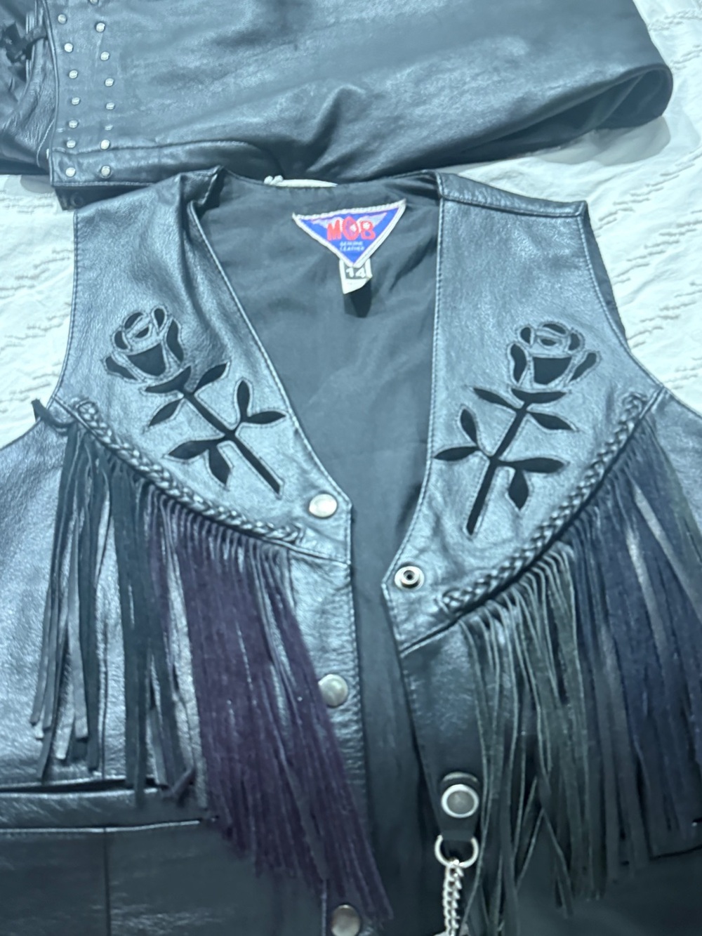 Women’s Black Leather Fringe Vest with Rose Cutouts